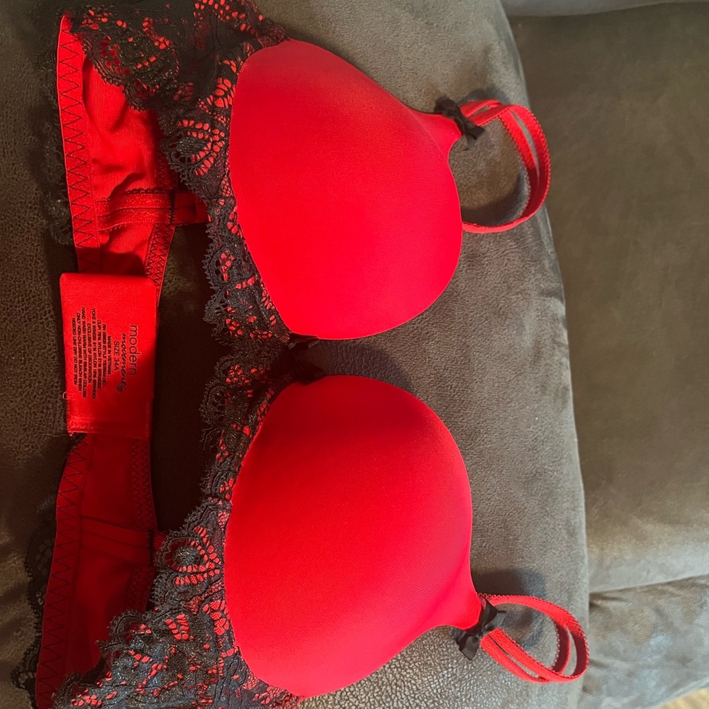 Red and black lace bra